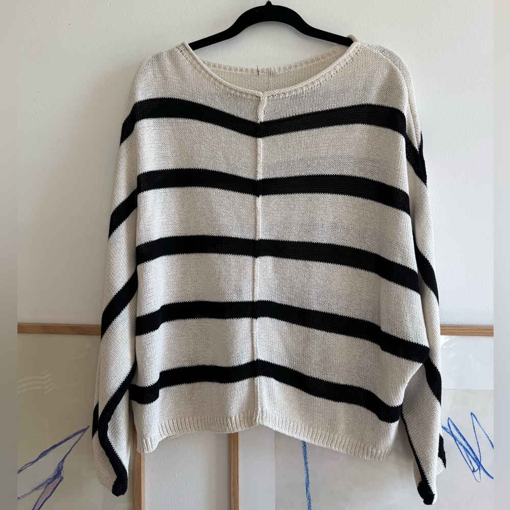 Zara Black & Cream Striped Crewneck Sweater